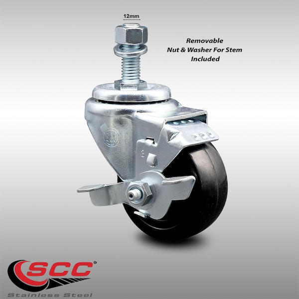 Service Caster 3.5 Inch SS Hard Rubber Wheel Swivel 12mm Threaded Stem Caster with Brake SCC-SSTS20S3514-HRS-TLB-M1215 - main